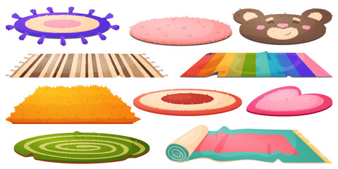 Cartoon decorative carpets. Wool bedding under feet. Cozy home textile. Interior elements. Room furnishing. Different patterns, shapes and designs. House furniture. Recent vector set