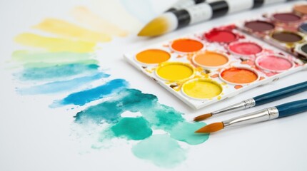 Obraz premium An artist's watercolor palette filled with vibrant, bold colors, arranged in neat rows. A single paintbrush rests beside the palette, its bristles slightly stained, ready to create vivid works of art.