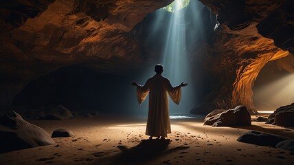 a man stands in front of a cave with the light shining through it.