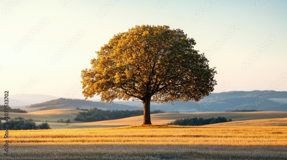 Poster lone tree on a grassy field with mountains in the background.