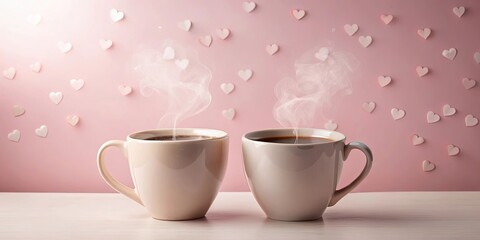 Fototapeta premium Two steaming cups of coffee on a table with a pink background adorned with hearts.