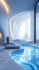 Luxurious indoor pool lounge with flowing water, modern architecture, and city skyline views in bright daylight