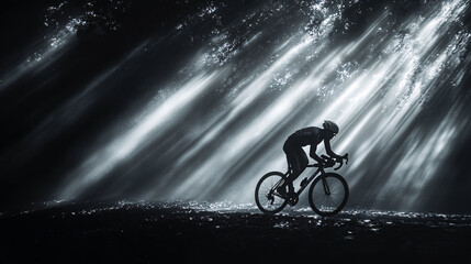 Obraz premium A cyclist in silhouette rides through beams of light cutting through trees, creating a dynamic black-and-white scene filled with contrast and motion