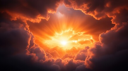 Dramatic sunset sky with fiery clouds and sunbeams