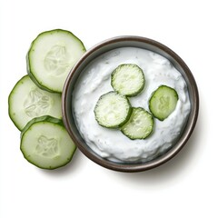 A bowl of yogurt with cucumber slices, ideal for a refreshing snack or dip.