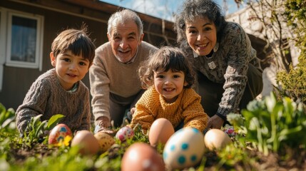 Family Celebrating Easter with Egg Hunt Fun