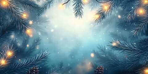 Winter wonderland scene with snowflakes falling amidst evergreen branches and glowing lights, creating a magical holiday atmosphere.