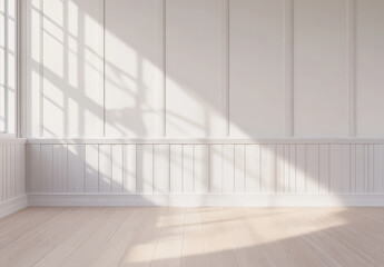 Obraz premium Minimalist white wall with paneling and light wood floor, bathed in natural sunlight creating serene atmosphere. shadows add depth and texture to clean, simple design