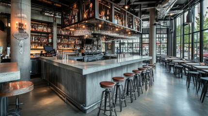 Industrial style bistro bar featuring concrete surfaces, spacious layout, and stylish seating. ambiance is inviting, perfect for social gatherings and relaxation