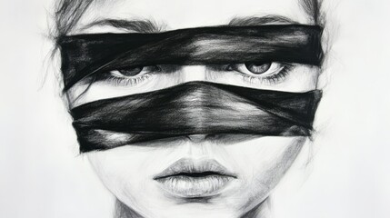 Obraz premium A monochrome depiction of a woman's visage with cloth-draped blindfolds concealing her eyes
