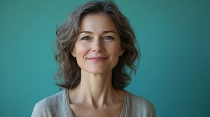A woman with gray hair is smiling and looking at the camera. She is wearing a gray shirt and has a necklace around her neck