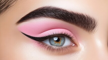 Obraz premium A tight shot of a woman's eye adorned with pink and black eyeliner, and pink and golden eyeliner