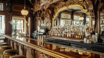 Obraz premium Elegant bar interior featuring polished wood and intricate gold accents, showcasing wide selection of spirits. warm ambiance invites relaxation and enjoyment