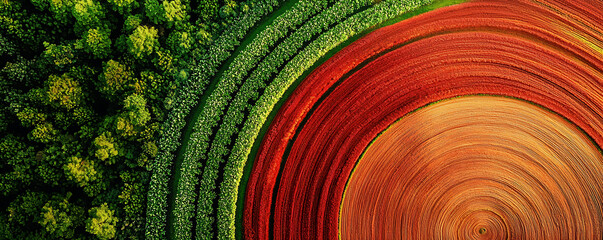 A stunning aerial view of a vibrant red circular agricultural field next to a lush green forest. The striking contrast between the colors and textures creates a captivating visual of nature