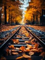 Naklejka premium A scenic view of railway tracks surrounded by vibrant autumn leaves and trees, creating a tranquil atmosphere.