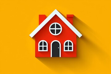 3D illustration of a red house with a white door and window set against a vibrant orange background ideal for real estate housing apps or architecture icons