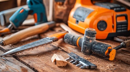 Close-up of construction tools like hammers, saws, and drills, emphasizing craftsmanship and tools of the trade.