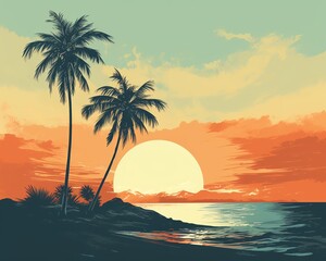 Vibrant sunset over the ocean with palm trees silhouetted against the colorful sky.