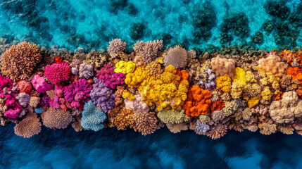 Vibrant coral reef teeming with colorful corals in various shapes and sizes, showcasing stunning underwater ecosystem. clear blue water enhances beauty of this marine paradise