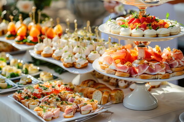 Buffet food catering food party at restaurant mini canapes snacks and appetizers