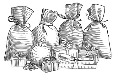 illustration of christmas bags, presents and decoration drawn with black lines on a white background