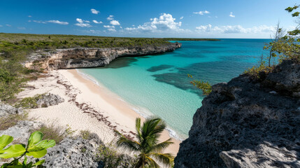 stunning beach view showcasing turquoise waters, soft sandy shores, and lush greenery. serene landscape invites relaxation and exploration, perfect for nature lovers