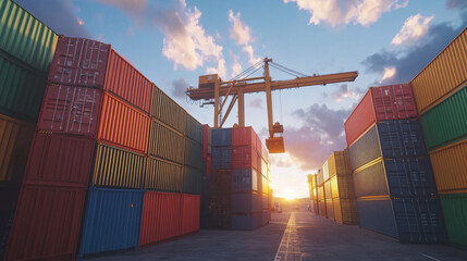Cargo Container Terminal with Crane at Sunset