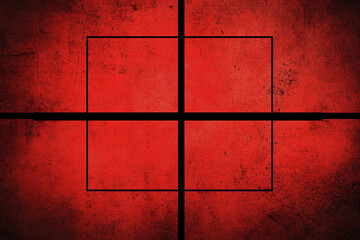 Naklejka premium An abstract red and black design with a distressed texture showing four quadrants with thick black lines giving a bold intense and grunge style composition 