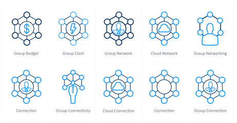 A set of 10 web marketing icons as group budget, group clash, group network