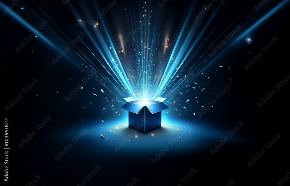 Canvas Prints an open box, emitting a bright light and surrounded by sparkling particles, on a dark blue backgroun