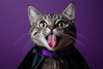 Tabby cat in vampire costume showing tongue, Halloween celebration. Purple background. with generative ai