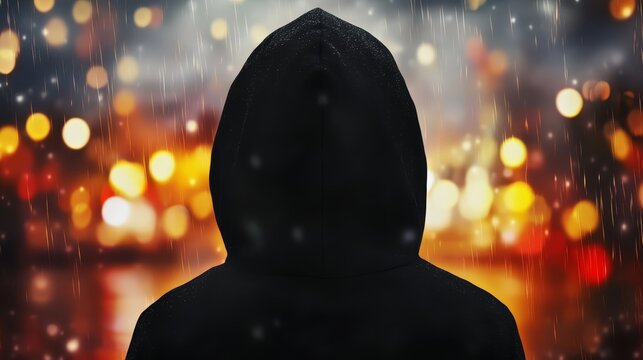  A person in a black hoodie stands before a cityscape, lights blurring the background