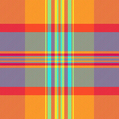 Silky tartan fabric pattern, card background seamless textile. Scenery vector plaid texture check in pink and yellow colors.