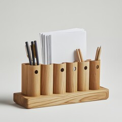 A wooden desk organizer holding pens and paper for office or study use.