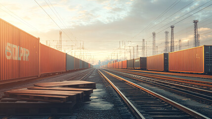 Obraz premium Freight Train on Railroad Tracks at Sunset