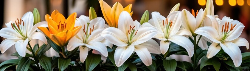 Fototapeta premium A bunch of white and yellow flowers are arranged together. The yellow flowers are positioned in the middle of the bouquet, with the white flowers surrounding them