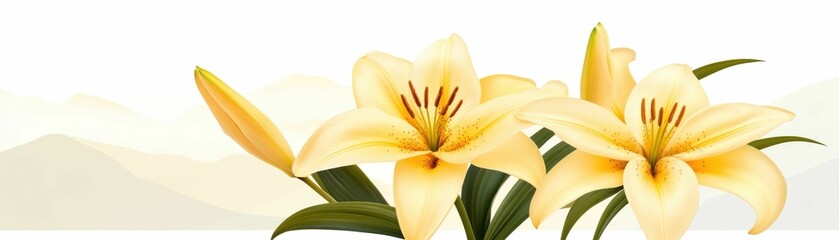 Obraz premium Two yellow flowers with green stems and leaves. The flowers are in the foreground and the background is a mountain range
