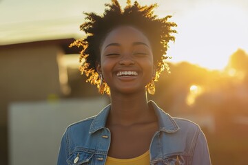 Radiant Joy: The Vibrant Charm of a Smiling African American Teen in Denim, generative ai
