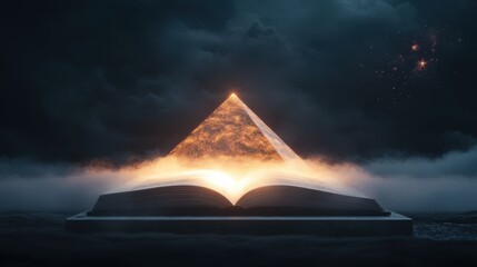 Glowing pyramid emerging from open book