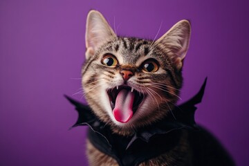 Tabby cat in vampire costume showing tongue, Halloween celebration. Purple background. with generative ai