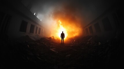 Fototapeta premium Silhouette of a person standing in a post-apocalyptic landscape