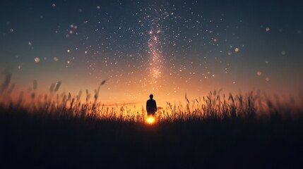 silhouette of person walking in field at sunset with sparkling stars