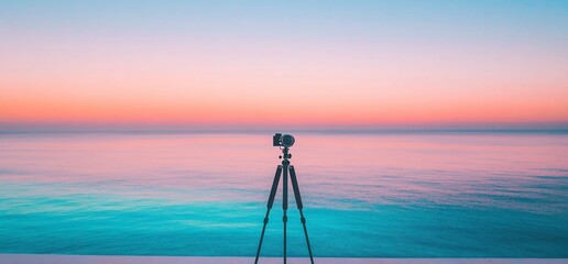 Camera on a tripod facing the ocean at sunset.