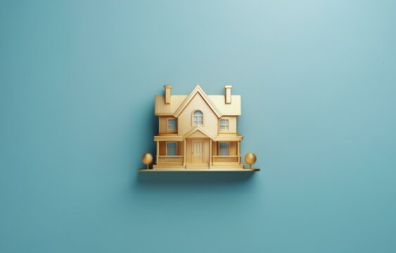 A gold model house with a porch and two small trees sits on a shelf against a light blue background.