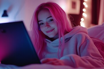 Gen Z Vibes: The Joy of a Pink-Haired Teen Embracing E-Learning and Entertainment, generative ai