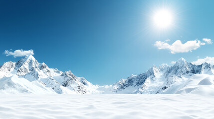 breathtaking winter landscape featuring majestic snow covered mountains under clear blue sky. bright sun shines down, illuminating serene, snowy terrain