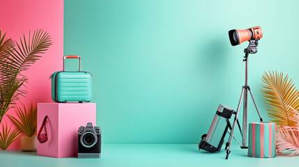 vibrant and stylish setup featuring turquoise suitcase, vintage camera, and photography light on tripod, complemented by colorful backgrounds and tropical leaves. This scene exudes playful and