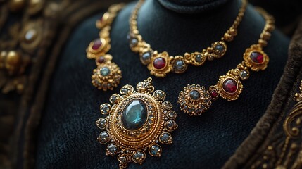 Antique gold jewelry ornate filigree patterns featuring opulent gemstone settings resting on a dark velvet cloth in a vintageinspired scene