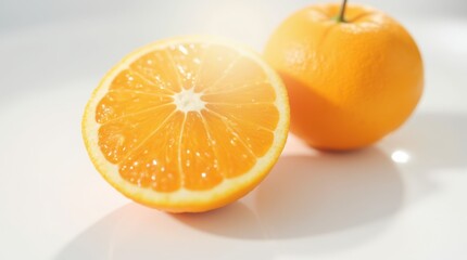 Fototapeta premium A fresh, bright orange resting on a smooth white surface, its vibrant color contrasting beautifully with the backdrop. Water droplets glisten on its skin, enhancing the fruit's appeal and freshness.