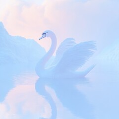 Fototapeta premium A serene swan gliding across a calm, misty lake with soft pastel colors in the background.
